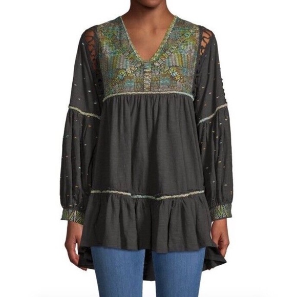 New Free People Much Love Embroidered Long Sleeve Tunic Top Washed Black Size XS - Picture 3 of 16